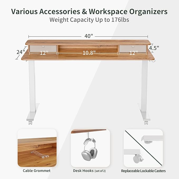 FEZIBO 40 x 24 Inch Height Adjustable Electric Standing Desk with Double Drawer, Stand Up Desk with Storage Shelf, Sit Stand Desk, Light Rustic - LeafyLoom