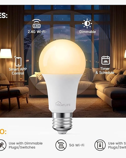 TREATLIFE Smart Light Bulbs 4Pack, 2500K-6500K Tunable White Dimmable LED Light Bulb Compatible with Alexa and Google Home, 2.4GHz WiFi Smart Bulb, 800LM, E26 A19 9W, No Hub Required TREATLIFE