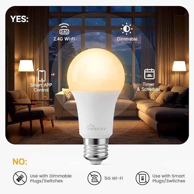 TREATLIFE Smart Light Bulbs 4Pack, 2500K-6500K Tunable White Dimmable LED Light Bulb Compatible with Alexa and Google Home, 2.4GHz WiFi Smart Bulb, 800LM, E26 A19 9W, No Hub Required TREATLIFE