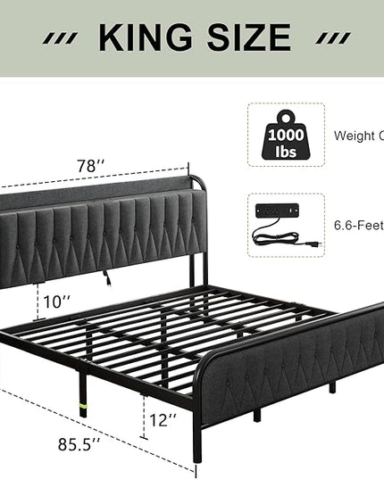 Feonase King Bed Frame with Type-C & USB Port, Metal Platform Beds, with Linen Upholstered Headboard & Footboard, 12" Underbed Storage Space, Easy Assembly, Noise-Free, Dark Gray - LeafyLoom