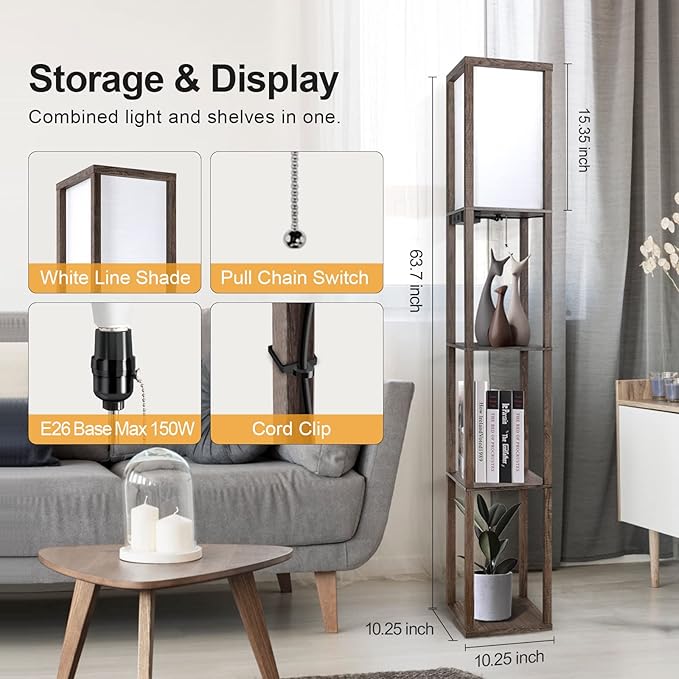 OUTON Floor Lamp with Shelves, Dimmable Shelf Floor Lamp with 1 USB & 1 Type C Ports, 1 Power Outlet, Modern Standing Lamp with 4 Color Temperature for Living Room, Bedroom, Dark Grey - LeafyLoom