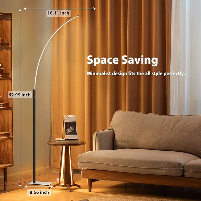 Arc Corner Floor Lamp - 3000K Warm White & 3 Brightness Presets - Curved LED Standing Lamp with Touch Switch - 63" Modern Floor Lamp for Living Room, Bedroom (Black) - LeafyLoom