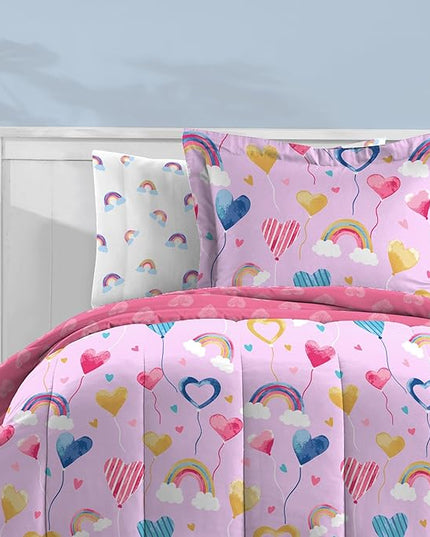 Dream Factory Kids 5-Piece Complete Bed Set Easy-Wash Super Soft Microfiber Comforter Bedding, Twin, Lilac Balloon Hearts - LeafyLoom