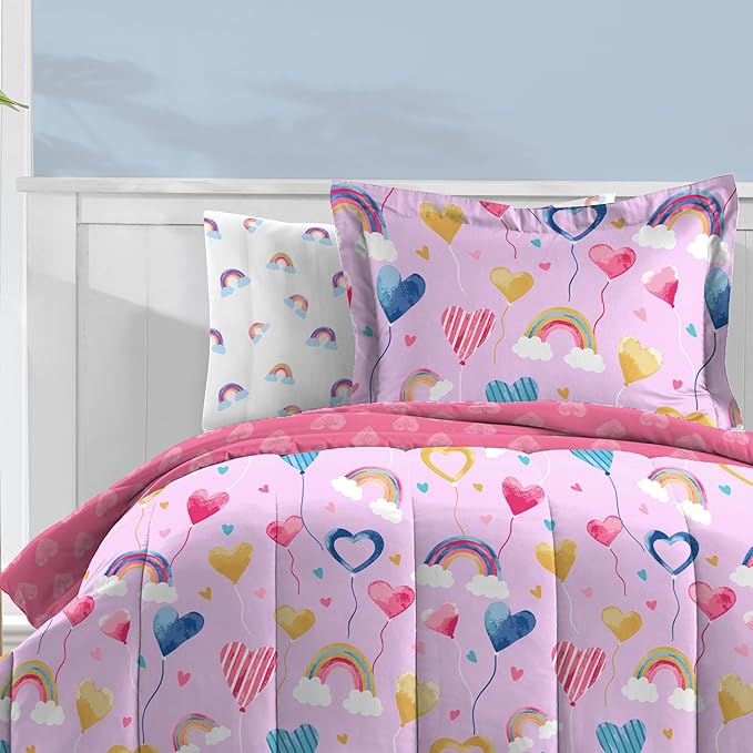 Dream Factory Kids 5-Piece Complete Bed Set Easy-Wash Super Soft Microfiber Comforter Bedding, Twin, Lilac Balloon Hearts - LeafyLoom