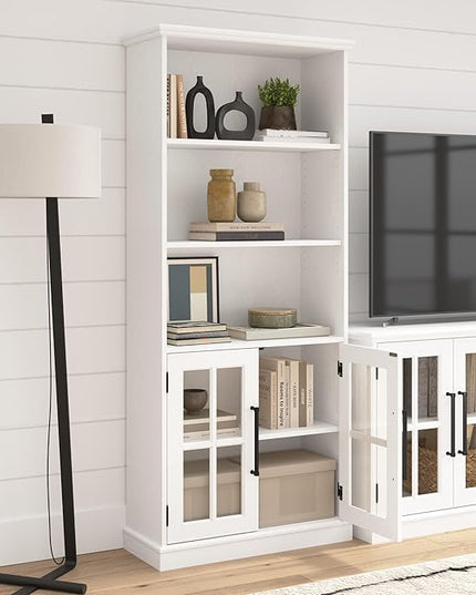 Bush Furniture Westbrook Tall 5 Shelf Bookcase with Glass Doors in White Ash | Farmhouse Bookshelf Cabinet for Living Room and Home Office - LeafyLoom