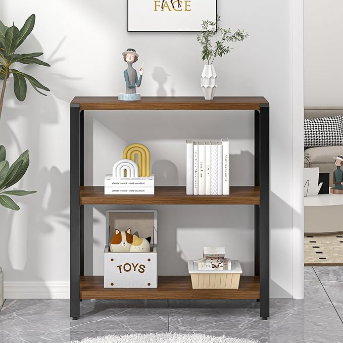 FOLUBAN Small Bookshelf and Bookcase, 3 Tier Low Short Book Shelf, Industrial Metal and Wood Book Case for Living Room Bedroom, Rustic Walnut - LeafyLoom