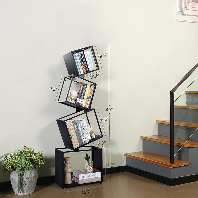 Bookshelf, 4-Tier Bookcase Black, 49'' Tall Black Bookshelf, Industrial Bookshelf, Modern Book Shelf, Storage Shelves for CDs/Books/Home Decor, Display Shelf for Living Room, Office - LeafyLoom