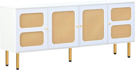 Merax Boho TV Stand with Rattan Door, Woven Media Console Table for Television Up to 70”, Country Style Design Side Board with Gold Metal Base for Living Room, 64.9" length, White - LeafyLoom