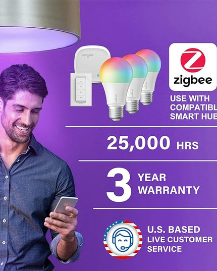 Sengled Color Changing Bulbs That Works with Alexa, Google Home, 3 Pack Starter Kit with Smart Switch, RGB Light A19 E26 Dimmable LED 60W Equivalent, 800LM, 5 Piece Set, White, 3 Count Sengled