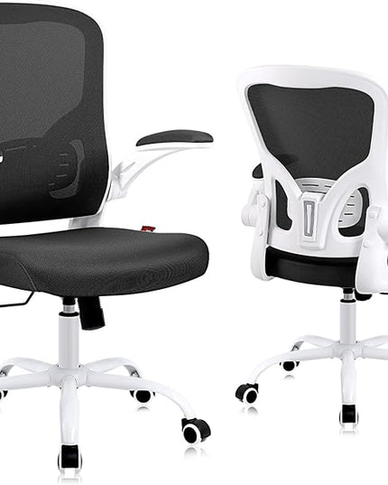 Ergonomic Office Desk Chair Breathable Mesh Swivel Computer Chair, Lumbar Back Support Task Chair, Office Chairs with Wheels and Flip-up Arms, Adjustable Height (White & Black) - LeafyLoom