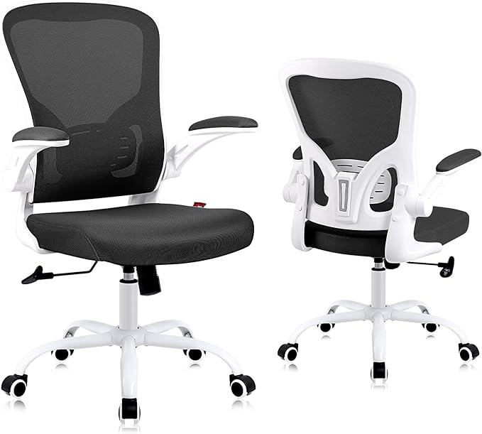 Ergonomic Office Desk Chair Breathable Mesh Swivel Computer Chair, Lumbar Back Support Task Chair, Office Chairs with Wheels and Flip-up Arms, Adjustable Height (White & Black) - LeafyLoom