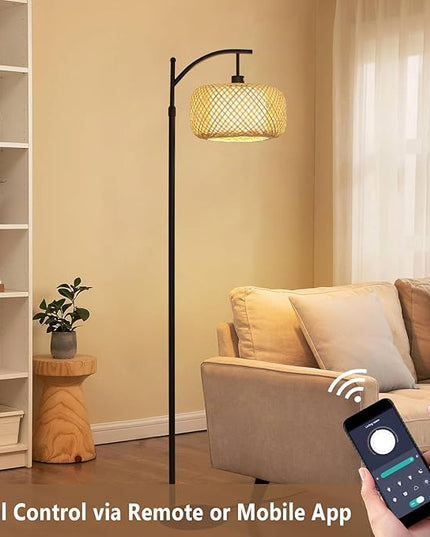 Arc Floor Lamps, Bamboo Floor Lamp with Remote & Dimmable LED Bulb, Boho Rattan Pole Lamps with Bamboo & Fabric Shades, Rustic Standing Lamps for Living Room Bedroom Tall Reading Light - LeafyLoom