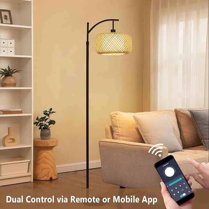 Arc Floor Lamps, Bamboo Floor Lamp with Remote & Dimmable LED Bulb, Boho Rattan Pole Lamps with Bamboo & Fabric Shades, Rustic Standing Lamps for Living Room Bedroom Tall Reading Light - LeafyLoom