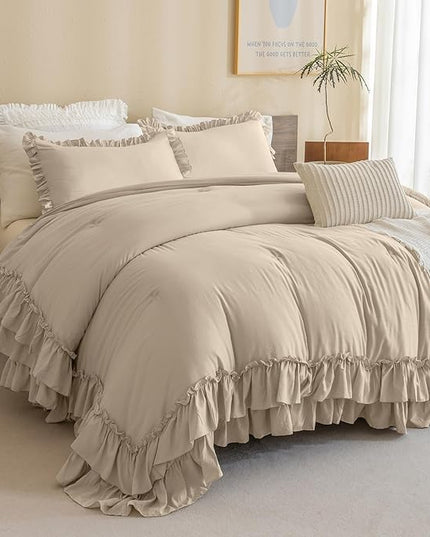 Farmhouse King Size Comforter Set,Shabby Boho Chic Bedding Ruffled Linen Feel Textured King Bed Comforter Vintage Rustic French Country Bedding Sets 3 Pieces - LeafyLoom