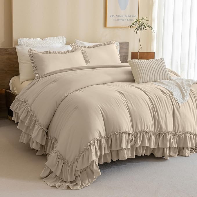 Farmhouse King Size Comforter Set,Shabby Boho Chic Bedding Ruffled Linen Feel Textured King Bed Comforter Vintage Rustic French Country Bedding Sets 3 Pieces - LeafyLoom