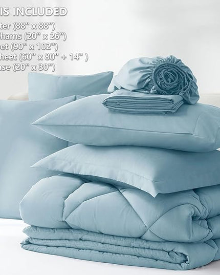 CozyLux Queen Bed in a Bag 7-Pieces Comforter Sets with Comforter and Sheets Light Blue All Season Bedding Sets with Comforter, Pillow Shams, Flat Sheet, Fitted Sheet and Pillowcases - LeafyLoom