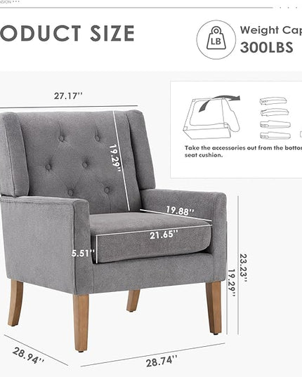 COLAMY Mid-Century Accent Chairs, Modern Wingback Living Room Chair, Upholstered Armchair with Button Tufted Back and Wood Legs for Bedroom/Office/Reading Spaces, Grey - LeafyLoom