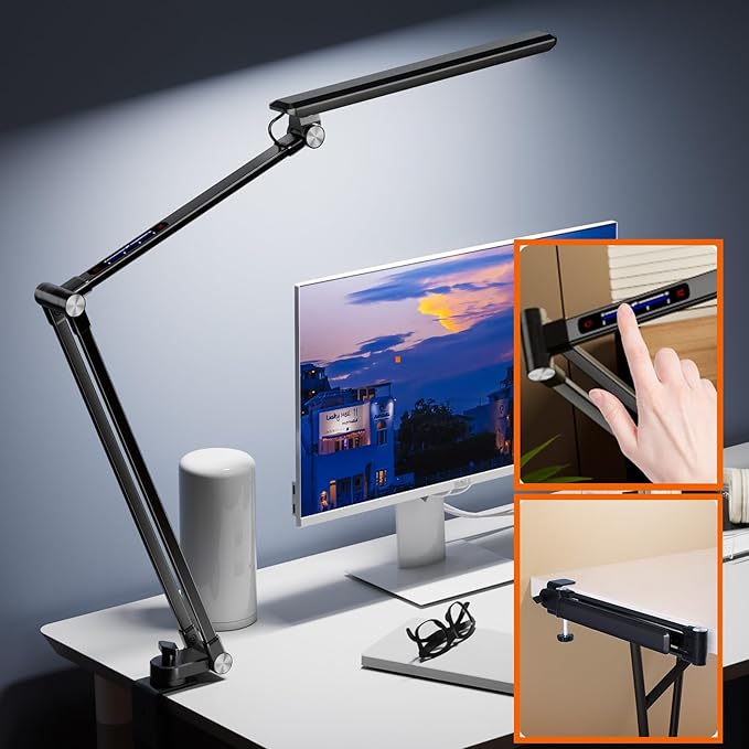 LED Desk Lamp,Dimmable 10 Color Modes 2700K-7000K & 10 Brightness,Swing Arm Table Light with Clamp,Eye-Caring Clip-on Lamps with Memory Function for Reading Work Study 700LM-Black… - LeafyLoom