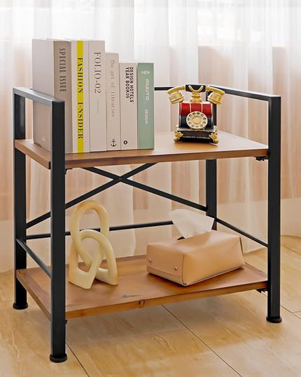 Rustic Bookshelf, 2 Tier Real Wood Bookshelf, Metal Book Shelf for Storage, Black Bookcase, 12.6" D x 23.62" W x 22.83" H - LeafyLoom