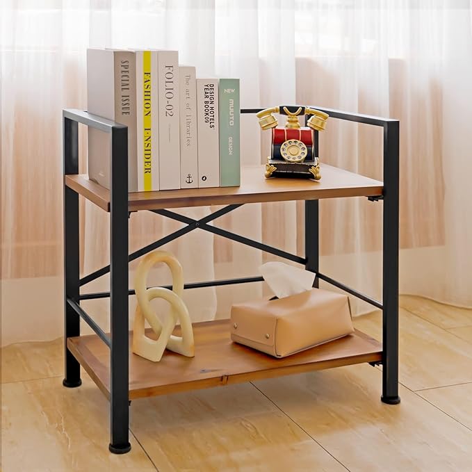 Rustic Bookshelf, 2 Tier Real Wood Bookshelf, Metal Book Shelf for Storage, Black Bookcase, 12.6" D x 23.62" W x 22.83" H - LeafyLoom