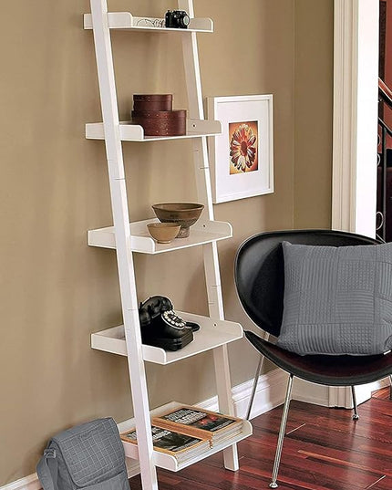 Kiera Grace Providence Hadfield 5 Tier Ladder Shelf Leaning Bookshelf Storage Rack for Home, Office, 18" x 67", White - LeafyLoom