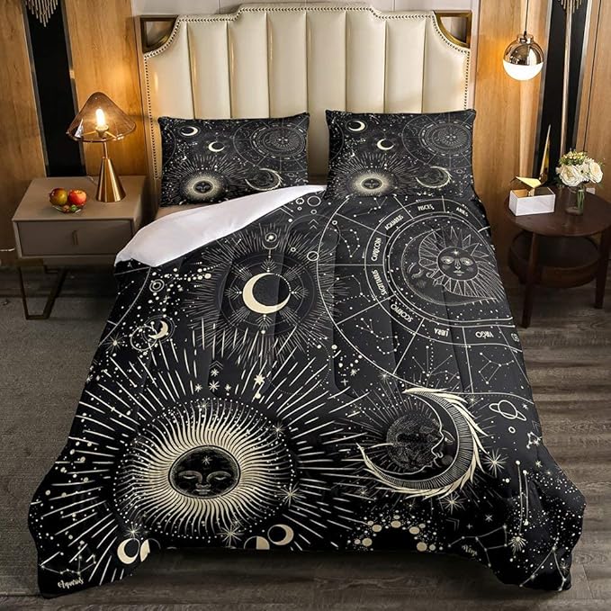Erosebridal Bohemian Sun Moon Comforter Set Queen Size, Constellation Down Comforter, Starry Sky Quilted Duvet, Exotic Style Black Room Decor Duvet Insert,Super Soft Breathable - LeafyLoom