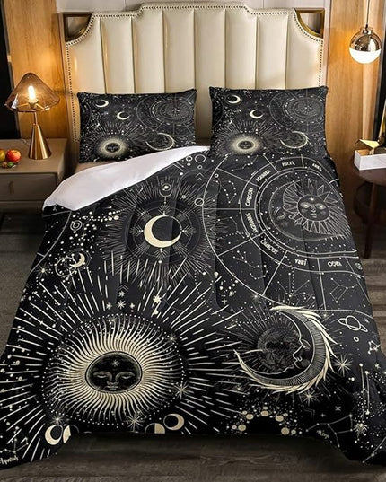 Erosebridal Bohemian Sun Moon Comforter Set Full Size, Constellation Down Comforter, Starry Sky Quilted Duvet, Exotic Style Black Room Decor Duvet Insert,Super Soft Breathable - LeafyLoom