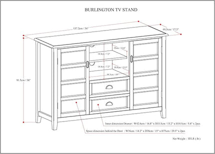 SIMPLIHOME Burlington SOLID WOOD Universal TV Media Stand, 54 inch Wide, Traditional, Living Room Entertainment Center with Storage, for Flat Screen TVs up to 60 inches in Mahogany Brown - LeafyLoom