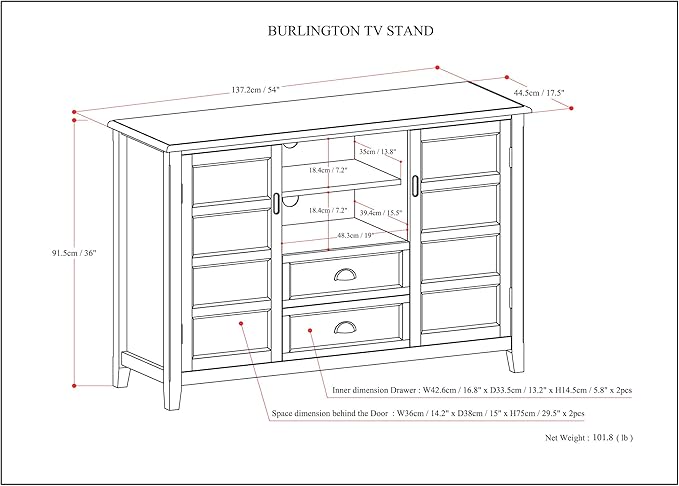 SIMPLIHOME Burlington SOLID WOOD Universal TV Media Stand, 54 inch Wide, Traditional, Living Room Entertainment Center with Storage, for Flat Screen TVs up to 60 inches in Mahogany Brown - LeafyLoom
