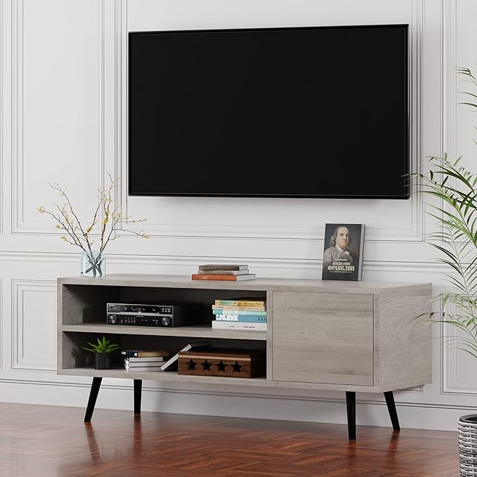 Shintenchi Mid Century Modern TV Stand for TVs up to 55 inches, Wood TV Console Table Media Cabinet with Storage, Entertainment Center for Living Room Bedroom,Grey - LeafyLoom