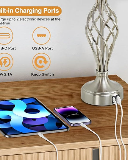 Table Lamp for Bedroom Set of 2 with USB C+A Ports, Modern Bedside Lamps with Spiral Cage Base, White Fabric Shade, Nightstand Lamp for Living Room Reading Bed Side End Table, 2 LED Bulbs Included - LeafyLoom