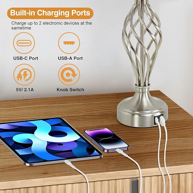 Table Lamp for Bedroom Set of 2 with USB C+A Ports, Modern Bedside Lamps with Spiral Cage Base, White Fabric Shade, Nightstand Lamp for Living Room Reading Bed Side End Table, 2 LED Bulbs Included - LeafyLoom