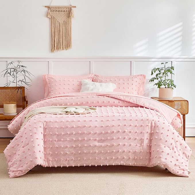 7 Pieces Tufted Dots Bed in a Bag Queen Comforter Set Girls Pink , Soft and Embroidery Shabby Chic Boho Comforters, Luxury Solid Color with Pom Pom Design, Jacquard Tufts Bedding Set for All Season - LeafyLoom