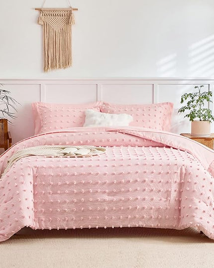 7 Pieces Tufted Dots Bed in a Bag King Comforter Set with Sheets Pink , Soft and Embroidery Shabby Chic Boho Comforters, Solid Color with Pom Pom Design, Jacquard Tufts Bedding Set for All Season - LeafyLoom
