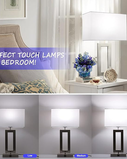22'' Lamps for Bedrooms Set of 2, Touch Control Table Lamps with 2 USB Ports, 3-Way Dimmable Bedside Nightstand Lamps, Brushed Nickel &White Lamp for End Table Living Room Modern Contemporary - LeafyLoom