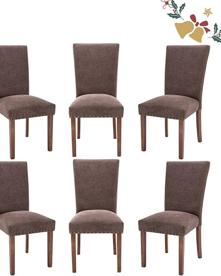 Parsons Dining Chairs Set of 6, Upholstered Nailhead Dining Room Kitchen Side Chair with Thick Cushions and Wood Legs, Brown - LeafyLoom