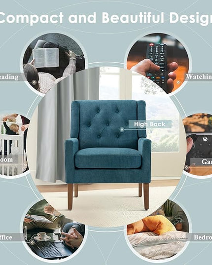 COLAMY Mid-Century Accent Chairs, Modern Wingback Living Room Chair, Upholstered Armchair with Button Tufted Back and Wood Legs for Bedroom/Office/Reading Spaces, Teal - LeafyLoom