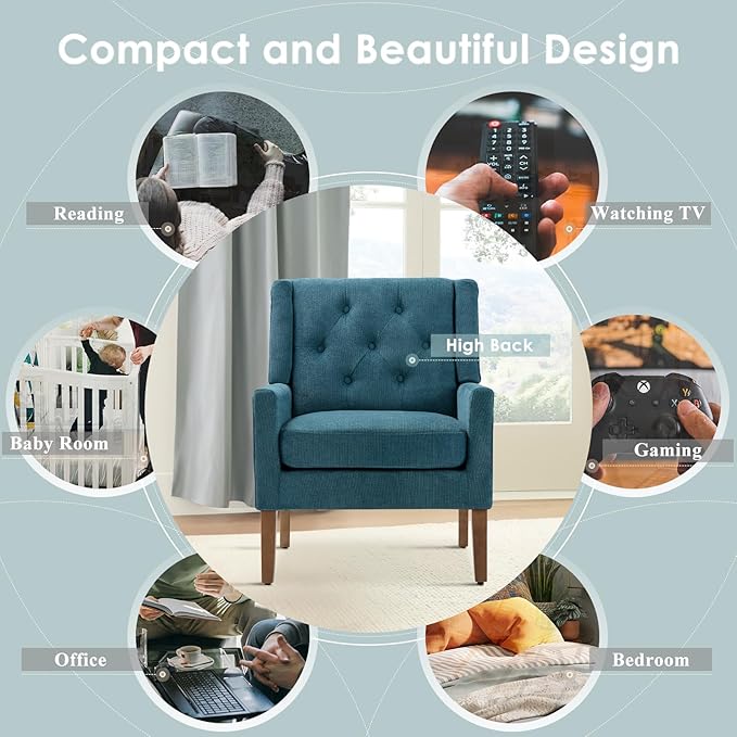 COLAMY Mid-Century Accent Chairs, Modern Wingback Living Room Chair, Upholstered Armchair with Button Tufted Back and Wood Legs for Bedroom/Office/Reading Spaces, Teal - LeafyLoom