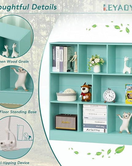 LEYAOYAO 8 Cube Bookshelf with Base,3 Tier Modern Mint-Green Kids Bookcase,Standing Wide Bookshelves Storage Organizer Toy Shelf,Wood Display Children's Book Shelves for Bedroom,Living Room,Nursery - LeafyLoom