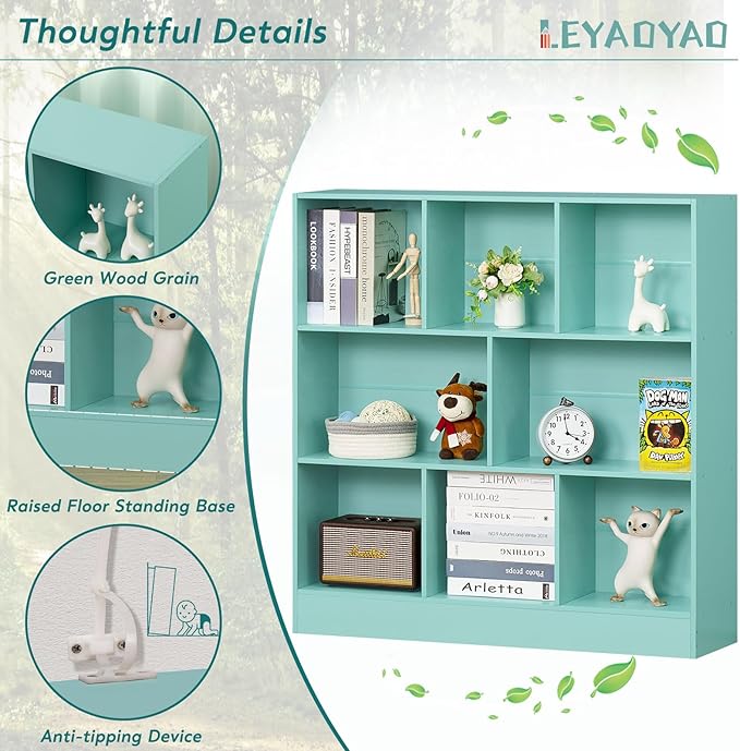 LEYAOYAO 8 Cube Bookshelf with Base,3 Tier Modern Mint-Green Kids Bookcase,Standing Wide Bookshelves Storage Organizer Toy Shelf,Wood Display Children's Book Shelves for Bedroom,Living Room,Nursery - LeafyLoom