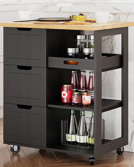 Shintenchi Kitchen Island Cart with Storage,Rolling Kitchen Island Storage Cabinet,Side Table on Wheels with Worktop,3 Open Shelves and 3 Drawers for Kitchen,Dinning Room, Black - LeafyLoom