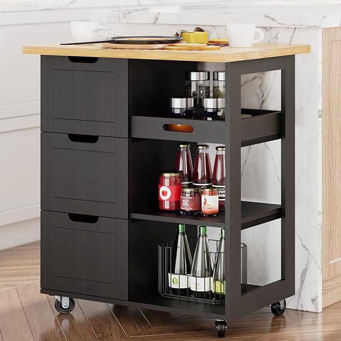 Shintenchi Kitchen Island Cart with Storage,Rolling Kitchen Island Storage Cabinet,Side Table on Wheels with Worktop,3 Open Shelves and 3 Drawers for Kitchen,Dinning Room, Black - LeafyLoom