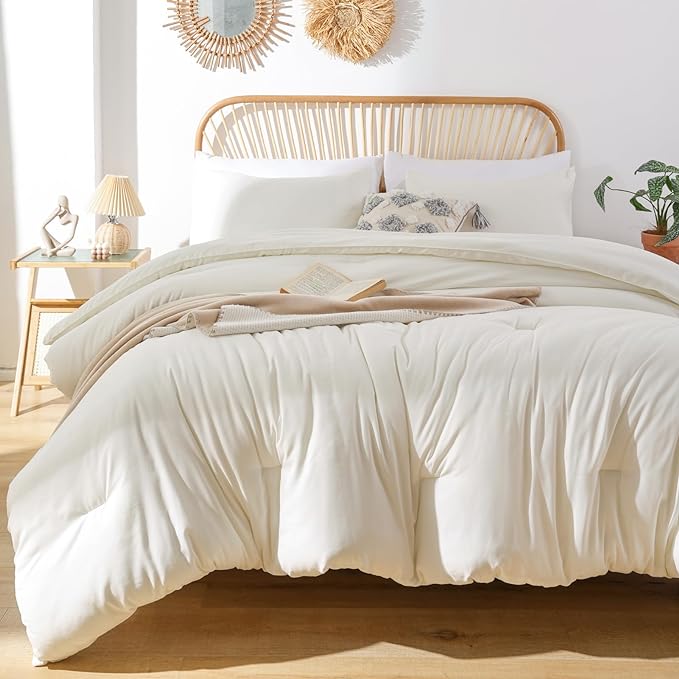 ROSGONIA Queen Comforter Set Ivory, 3pcs(1 Boho Ivory Comforter & 2 Pillowcases) All Season Soft Bedding Lightweight Bedspread Blanket Quilt Bed - LeafyLoom