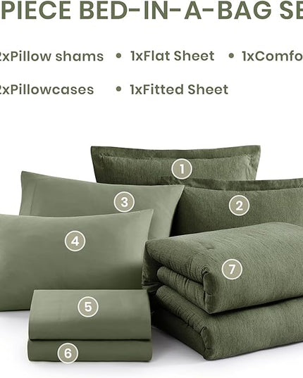Monbix Full Size Comforter Set, Olive Green Bedding Comforter for Full Size Bed Set Reversible, Bedding Sets Full 7 Pieces, Cationic Dyeing Bed in a Bag with Comforter, Sheets, Pillowcases & Shams - LeafyLoom