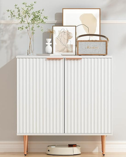 White Fluted Buffet Cabinet,Wood Sideboard Buffet Cabinet with Storage & Rose Gold Colored Metal Legs, Accent Cabinet for Living Room,Dining Room,Kitchen, Assemble Easily - LeafyLoom