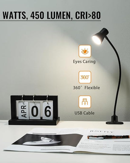 Clip Desk Lamp, USB Reading Light, Flexible Neck Led Clamp Light with 3 Color Temperature Options, 10 Dimmable Brightness Levels for Working, Studying (8W) - LeafyLoom