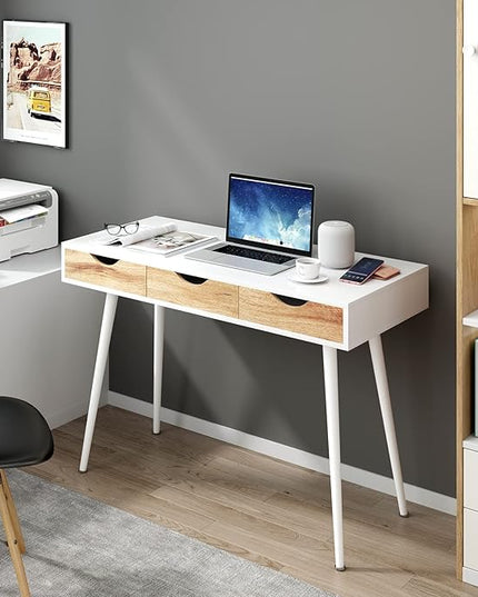DlandHome Computer Desk with Drawers Mid Century Modern Desk 43 Inches Vanity Desk with 3-Drawers, Office Desk with Drawers Writing Desk Study Table Makeup Tables, Bedroom Dresser Table - LeafyLoom
