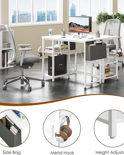 Computer Desk, 39.3” Home Office Desks, Modern Small Desk for Bedroom, Gaming Desk with Iron Hook and Height Adjustable Feet, Sturdy Student Writing Desk with Storage Bag, Storage Shelves - LeafyLoom