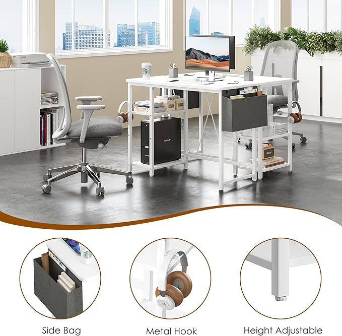 Computer Desk, 39.3” Home Office Desks, Modern Small Desk for Bedroom, Gaming Desk with Iron Hook and Height Adjustable Feet, Sturdy Student Writing Desk with Storage Bag, Storage Shelves - LeafyLoom