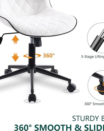 YOUNUOKE Comfortable Desk Chair, Home Office Chairs with Wheels, Armless Samll Comfy Vanity Chairs, PU Leather Computer Task Work Desk Chairs, White - LeafyLoom